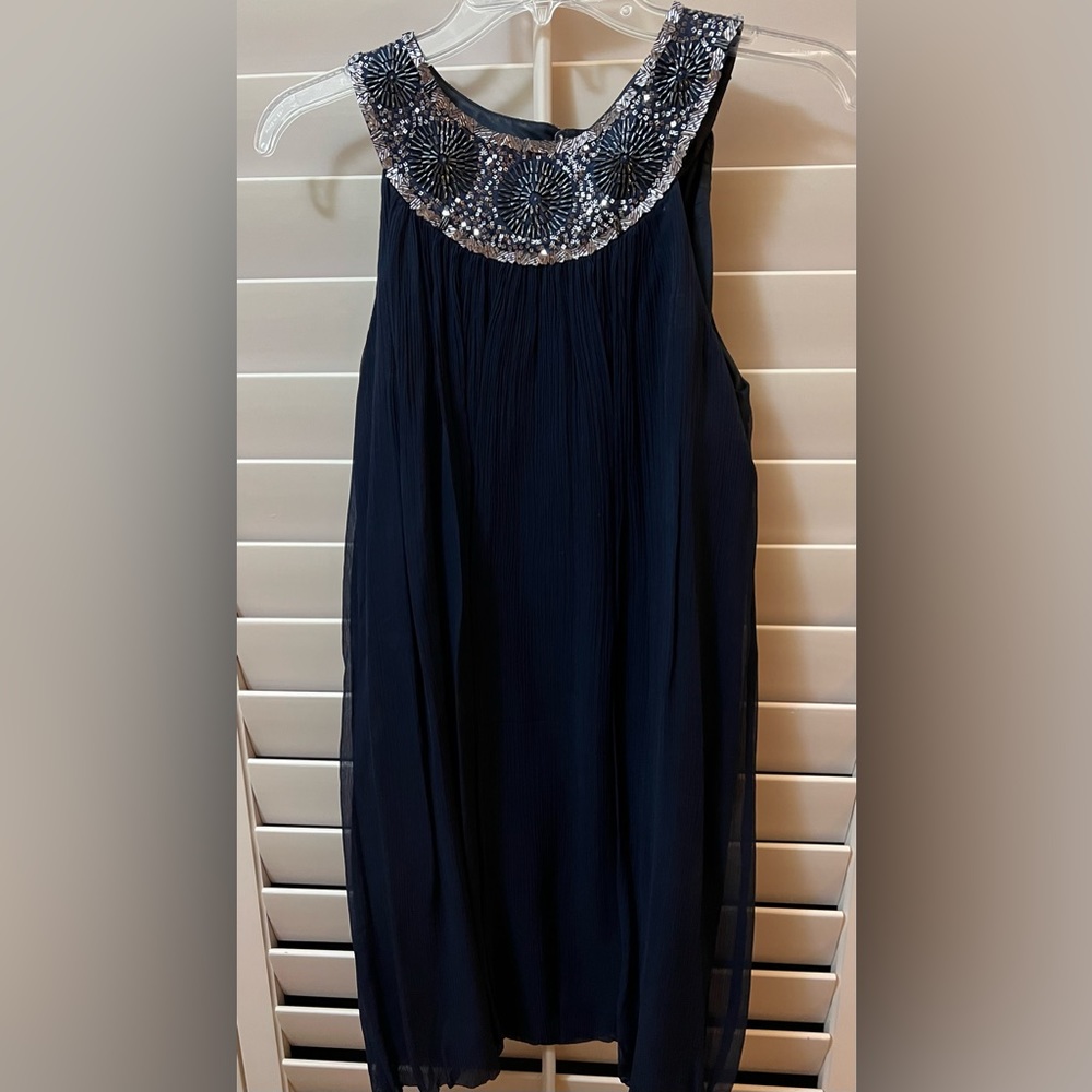Navy blue Maggie London cocktail dress with jeweled neckline